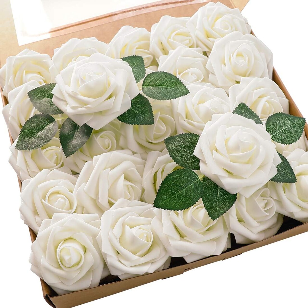 25pcs Fake Ivory White Roses Artificial Rose Heads with Stems Lifelike Foam Flowers DIY Wedding Bouquets Wedding Party Decor